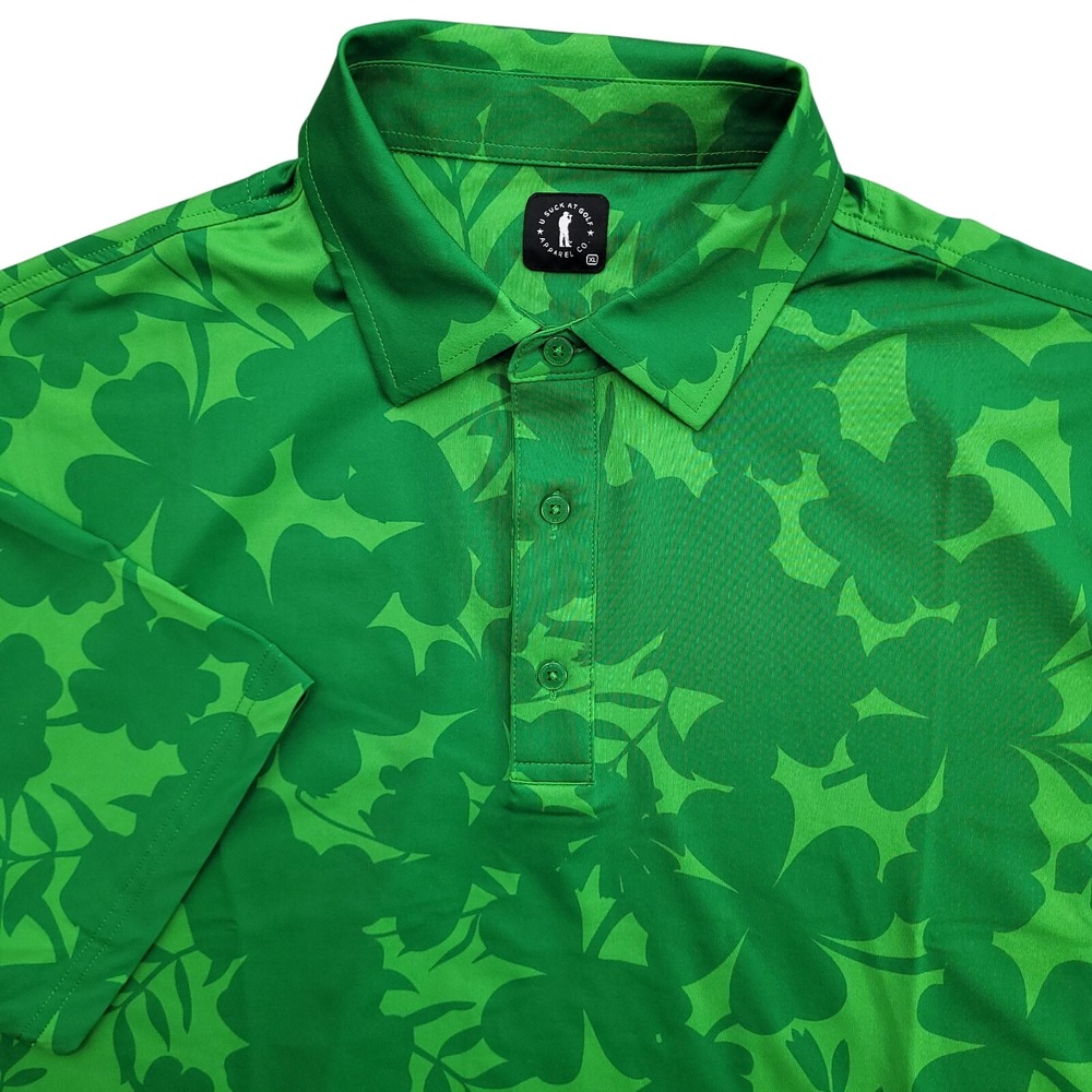 USAG Polo Shirt Mens XL Green Shamrock Clover‎ AOP U Suck At Golf Performance